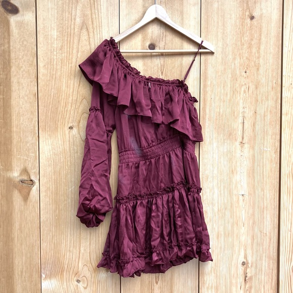 MISA Los Angeles Lucien Dress Off Shoulder Mini Satin Ruffle Cranberry Sz XS - Picture 11 of 11